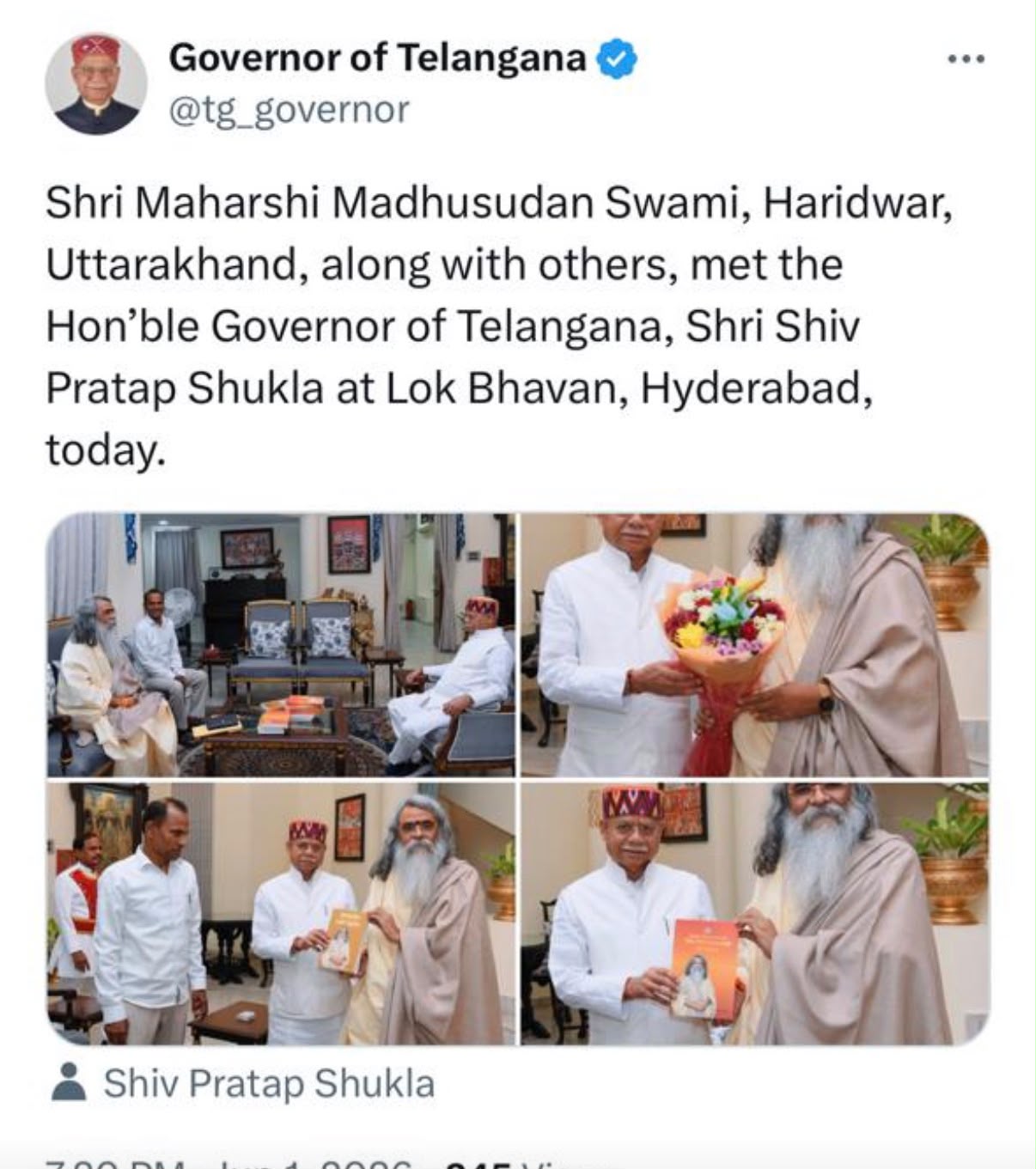 Governor of Telangana Shri Shiv Pratap Shukla welcomes Maharishi Madhusudan Swami at Lok Bhavan, Hyderabad