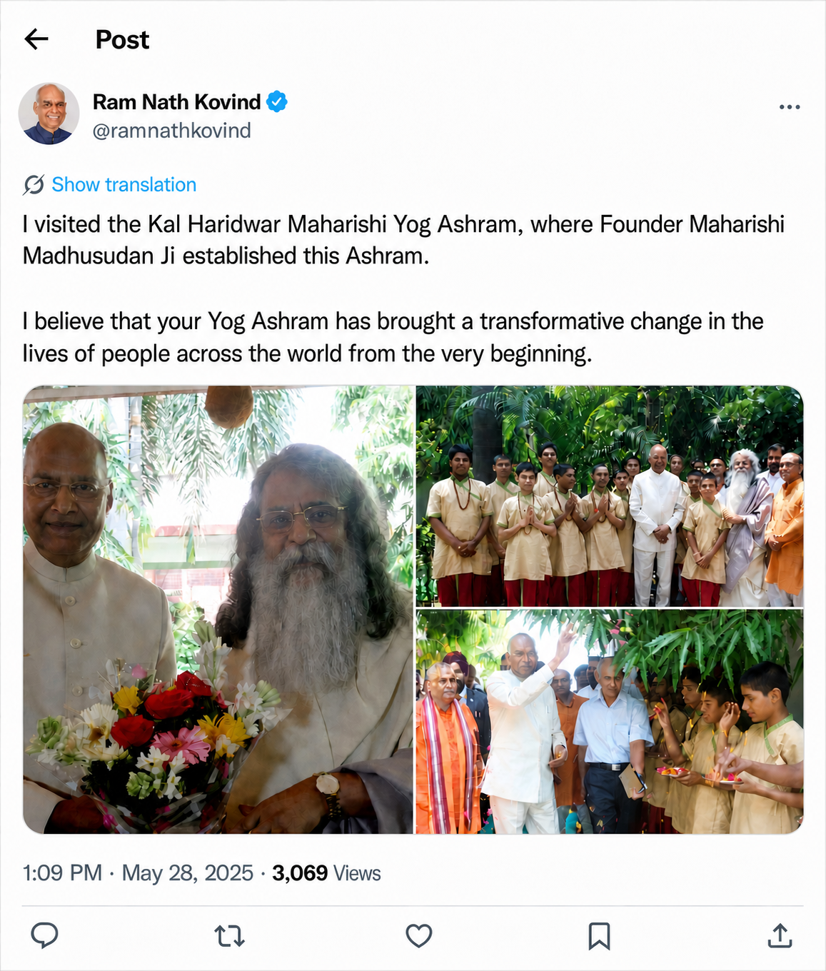 Post by Shri Ram Nath Kovind about visiting the ashram